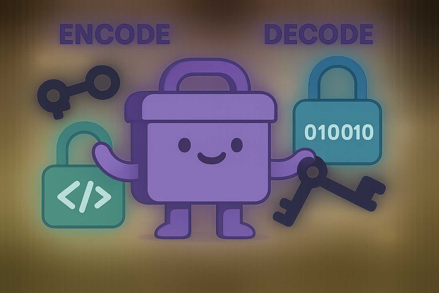 Tooly mascot demonstrating encoding and decoding processes with digital locks and keys.