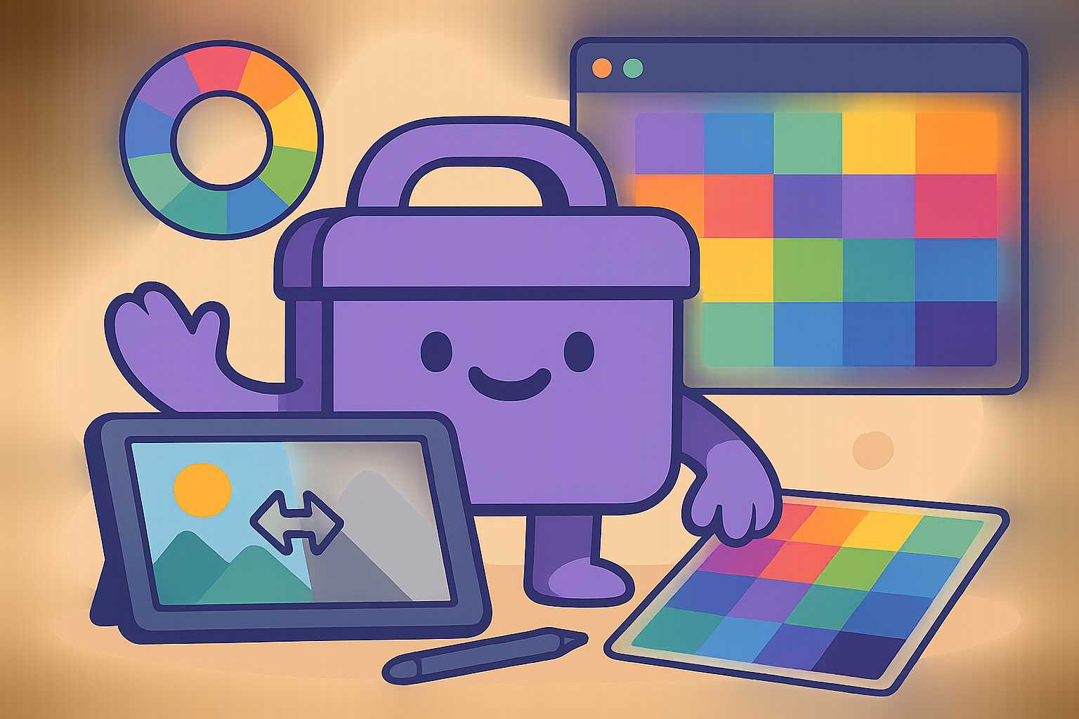 Tooly mascot exploring a vibrant palette and converting images on a digital canvas