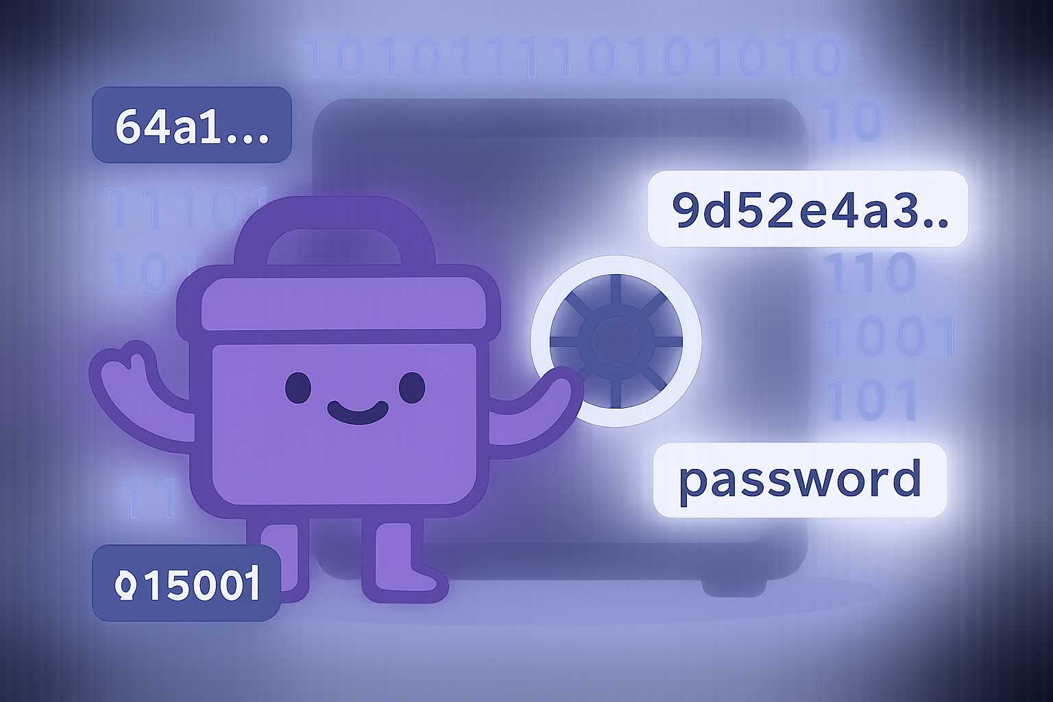 Tooly mascot securing a digital vault with hash strings and passwords